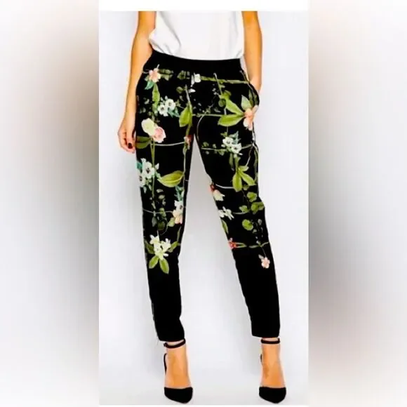 TED BAKER Floral Pant size 2 Black side pockets back zipper pocket - Picture 1 of 9